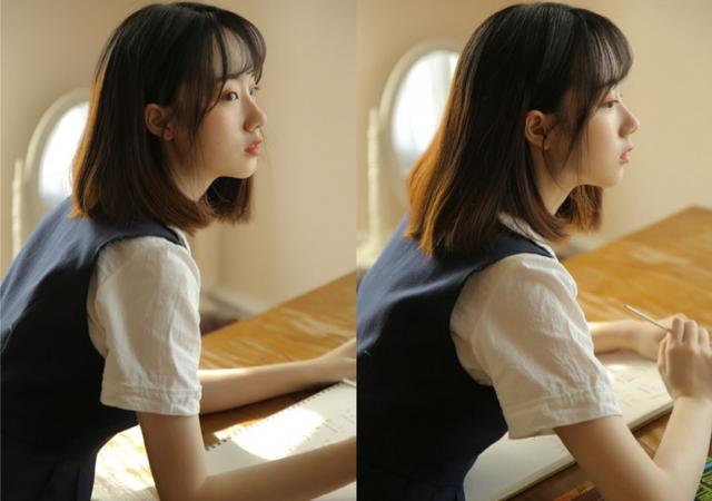 水汪汪眼睛美女學(xué)生，清爽短發(fā)校園制服寫真圖片