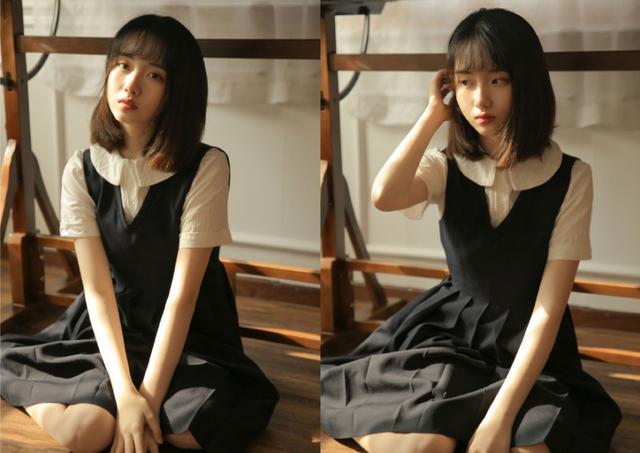 水汪汪眼睛美女學(xué)生，清爽短發(fā)校園制服寫真圖片
